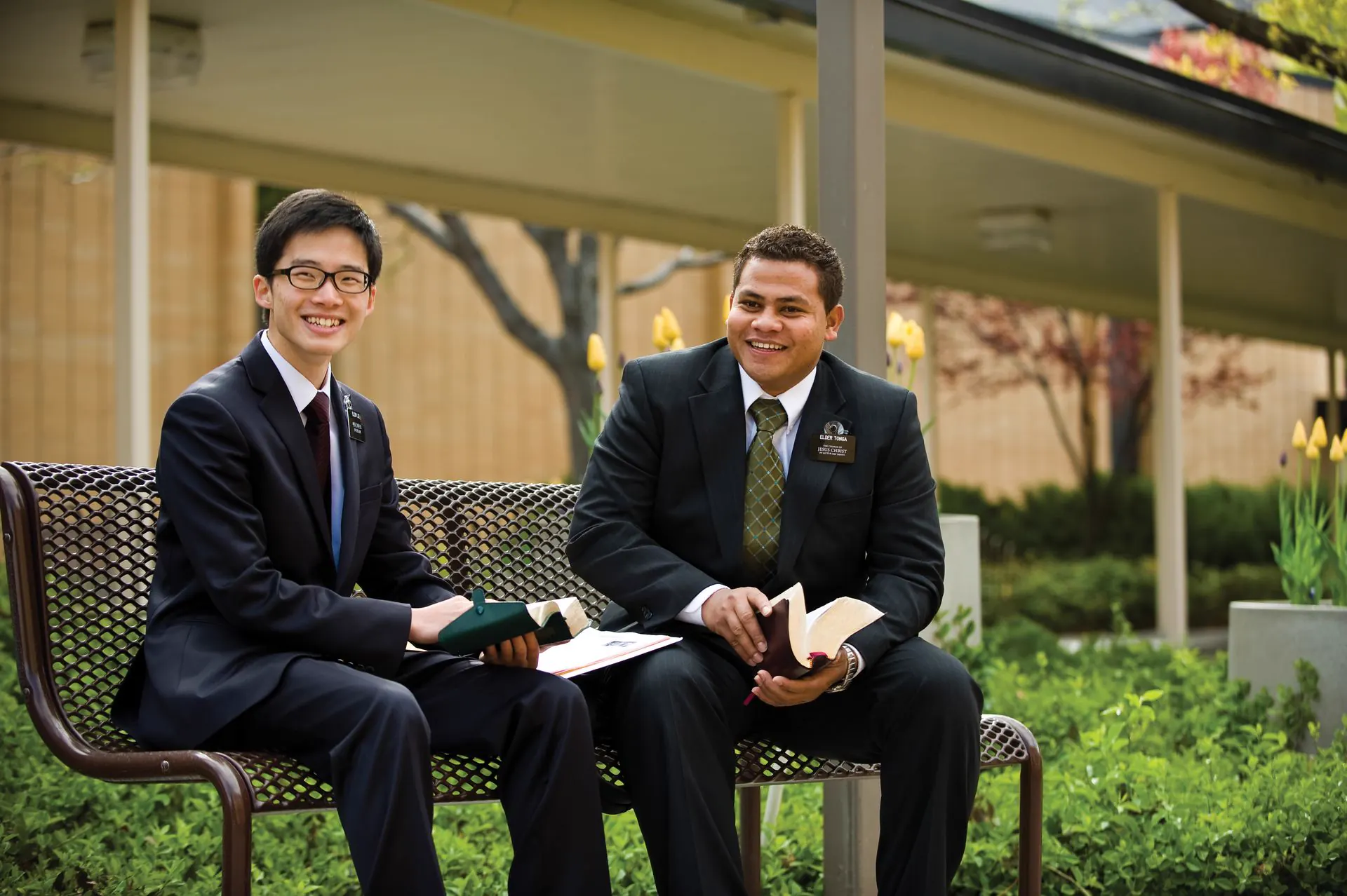 Missionaries studying scriptures together