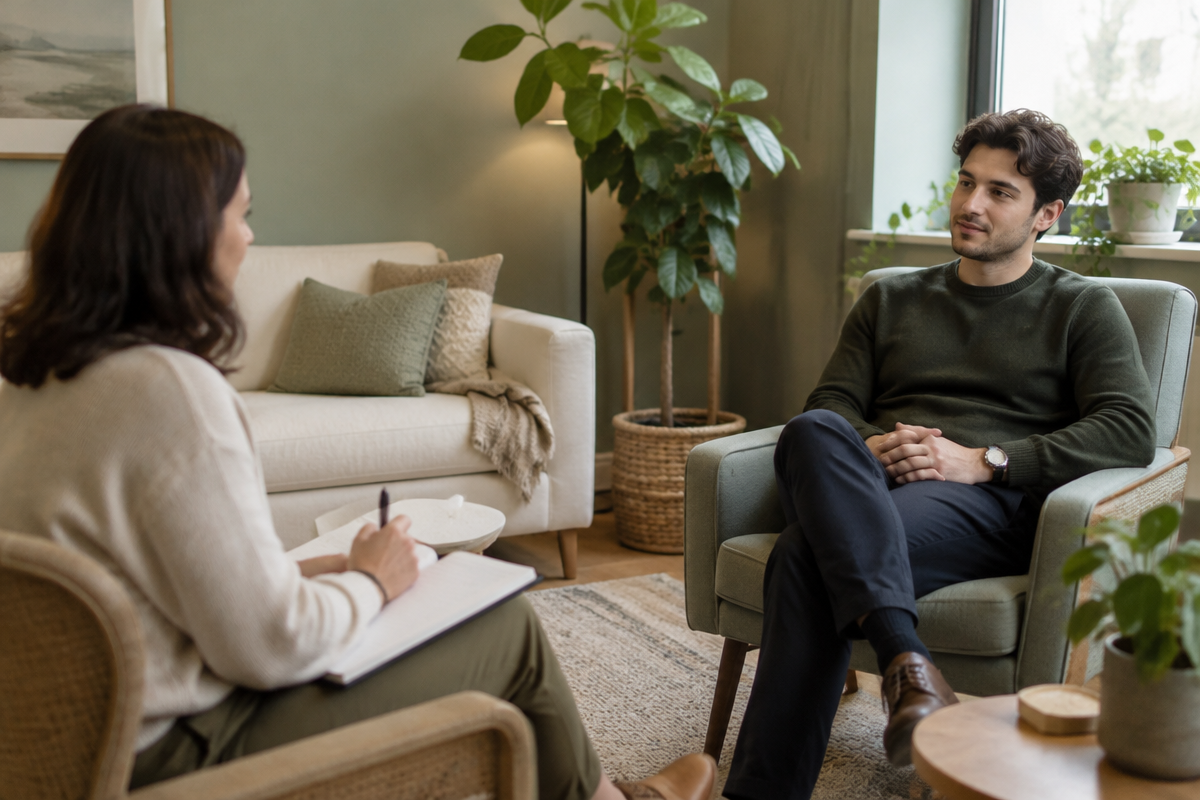A licensed therapist meeting one-on-one with a client